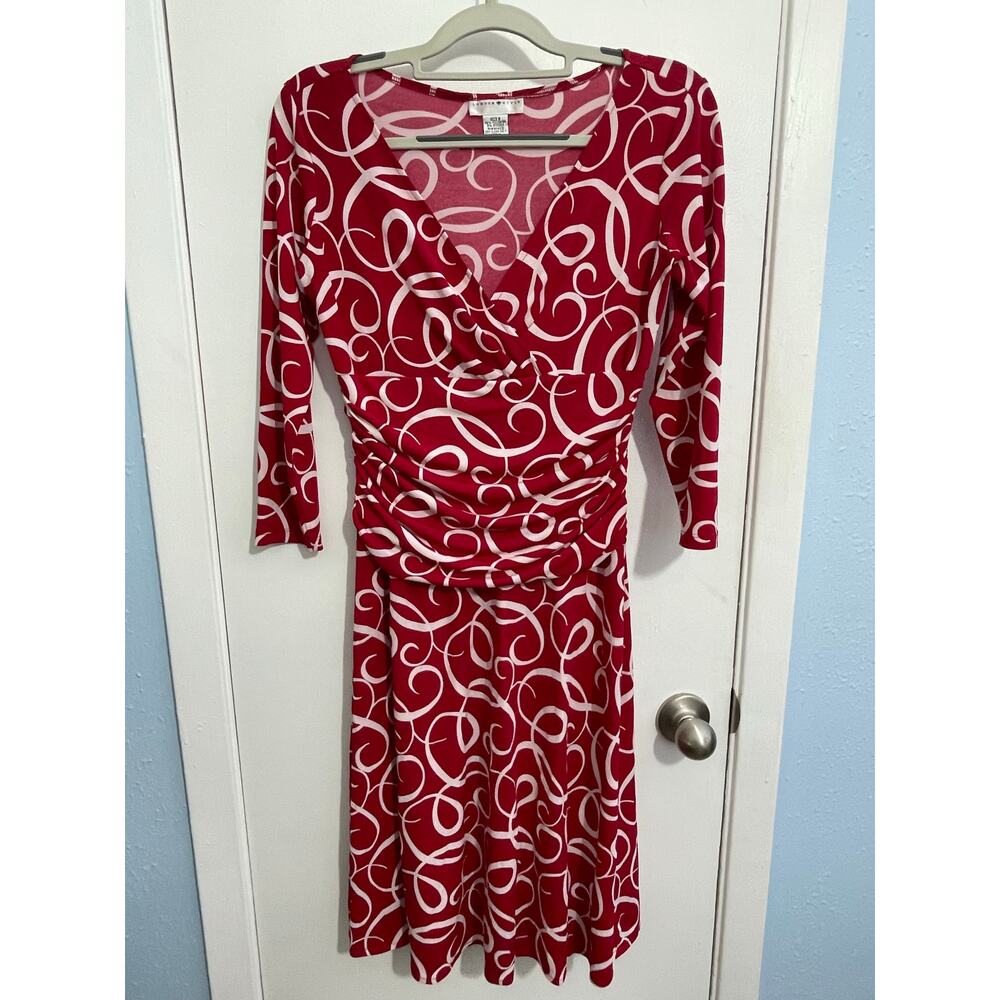 Y2K London Style Dress Size 8 Red Abstract Faux Wrap Office Siren Valentines